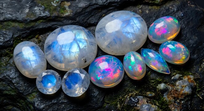 Collection of polished opal gemstones displaying rainbow fire and iridescent colors on dark rock surface for jewelry making and mineral collecting.