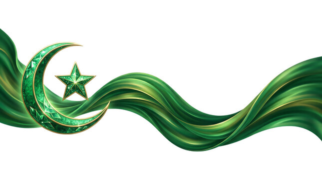 A vibrant green crescent moon and star symbol with a flowing wavy ribbon on a white background.