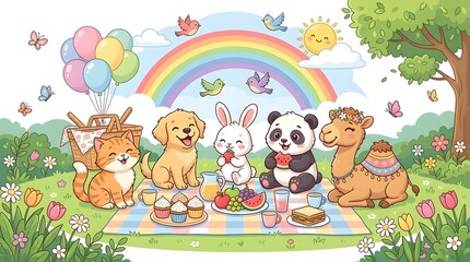 Fototapeta premium Cute Animals Having A Picnic In A Spring Meadow With Rainbow