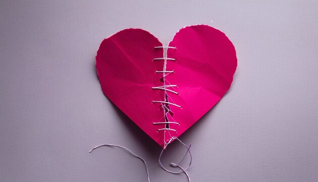 top view of a ripped crimson paper heart sewn together with thread on a pale grey surface