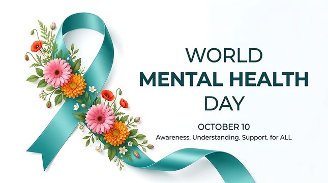 World mental health day green ribbon with colorful flowers and text illustration