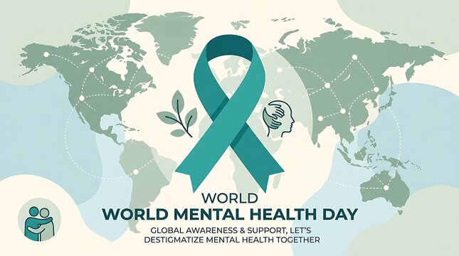Teal awareness ribbon for world mental health day with global map background