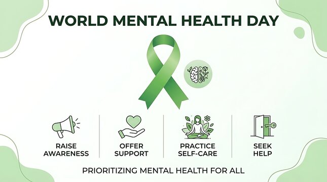 World mental health day awareness ribbon with wellness icons and health tips