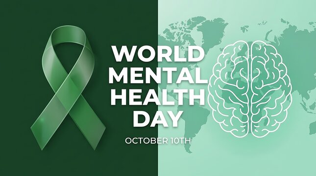 World mental health day awareness banner with green ribbon and brain icon