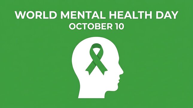 World mental health day banner with green ribbon and human head silhouette