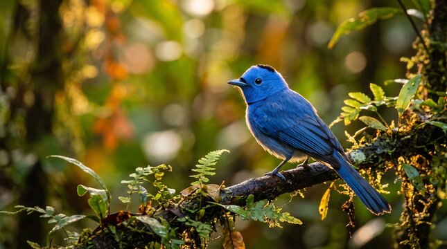 Black-naped Monarch (Hypothymis azurea) Perched in a Tropical Forest &ndash; Striking Blue Songbird