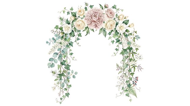 Watercolor floral arch with soft pink and cream roses and hanging greenery isolated on white background
