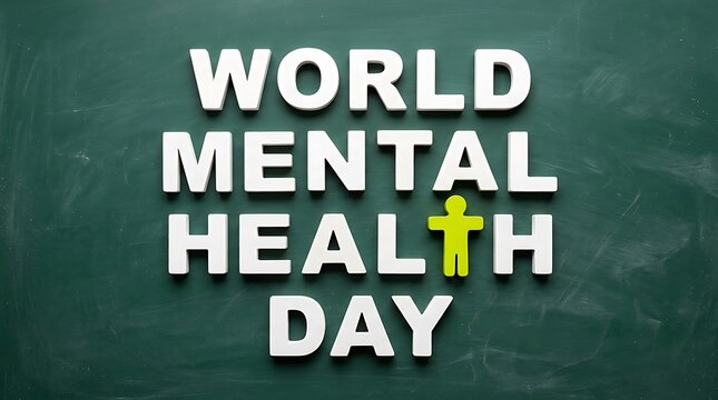 World mental health day text banner with a green human icon on dark green background