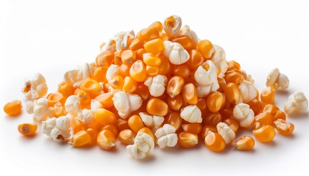 scattered popcorn kernels with detailed texture on white background
