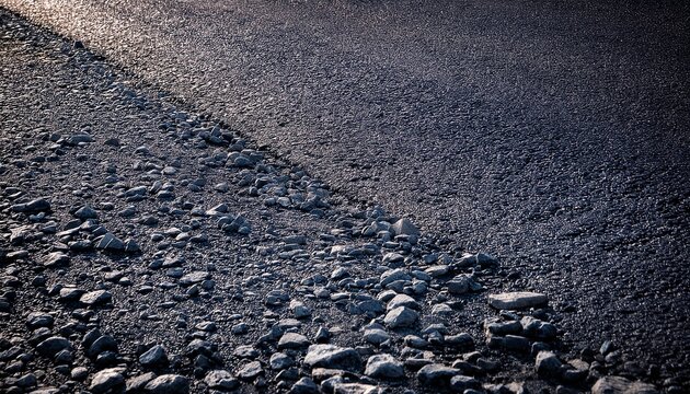 rugged asphalt road close up showing coarse texture and scattered stones for transportation themes