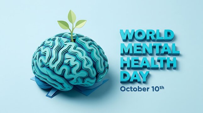 World mental health day concept with a human brain and a small green plant growth
