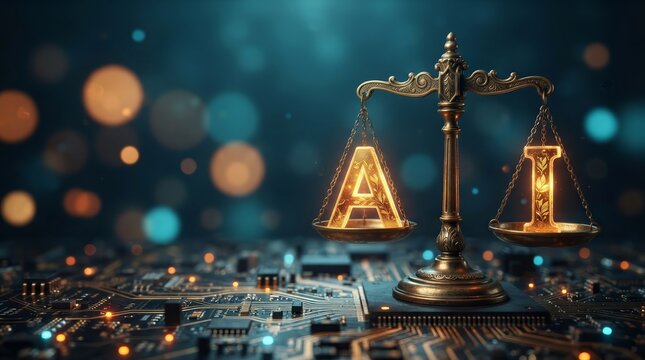 Artificial intelligence law and regulation concept with brass scales and glowing AI text.