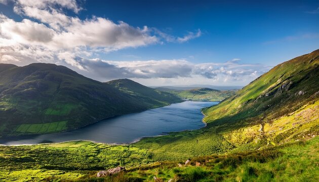 green mountain slopes rise above killary fjord under bright skies in western ireland this image is a scenic landscape focused more on the fjord lush hillsides than the water