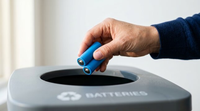Responsible action for a clean future by disposing of blue batteries in a recycling bin.