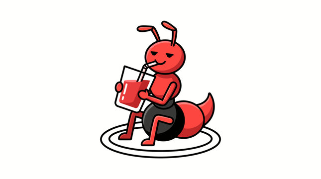 Cute Red Ant Character Sipping Refreshing Fruit Juice From Glass Illustration Cartoon Style