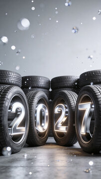 Illuminated silver numbers 2027 against a wheels background. New Year and Christmas and New Year greetings from the car service, auto repair shop
