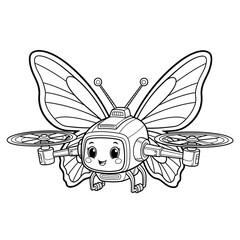 Cute cartoon robot butterfly with drone features flying in a playful style butterfly on a white background