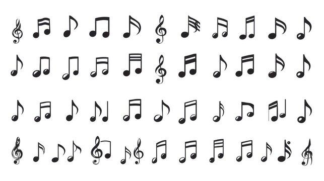 Set of various musical notation symbols including treble clefs and notes isolated on white background with displays comprehensive collection