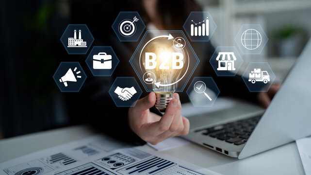 Business to Business Concept Illustrating Lightbulb with Icons Representing Growth, Strategy, Marketing, Networking, and Digital Transformation in Modern Corporate Environment. Glyphic.