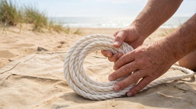 Male hands coiling a thick white rope on a sandy beach near the ocean