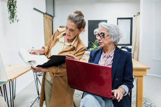 two adult elderly businesswomen using laptop in office or workplace
