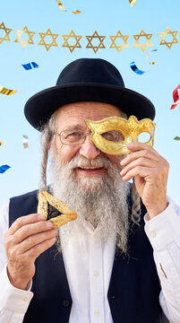 A cheerful elderly Jewish man with sidelocks and a hat with hamantaschen cookies and a golden mask. Celebration of Purim, The festive atmosphere of holiday