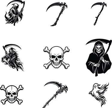Grim reaper scythes and skulls vector illustrations with transparent background