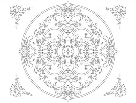 Ornate circular decorative medallion with symmetrical scrollwork and floral motifs. Classical baroque design with corner ornaments. Perfect for coloring books.