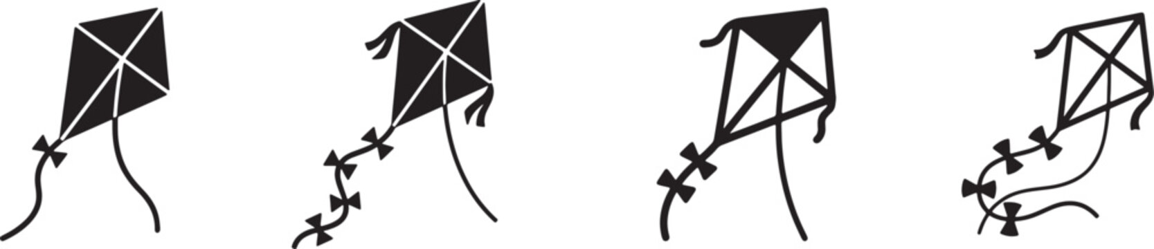 Set of four simple black kite icons with tails isolated on white background