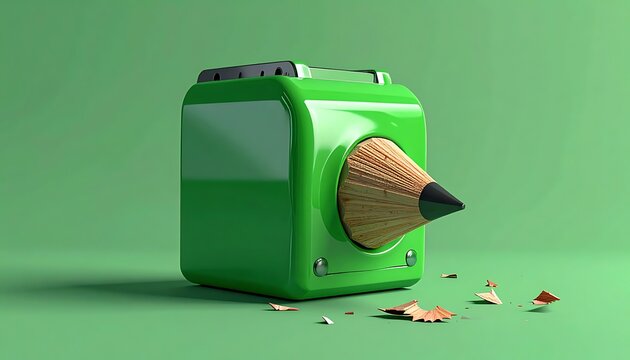 Shiny green plastic pencil sharpener with a sharpened pencil inserted, shavings on a green background