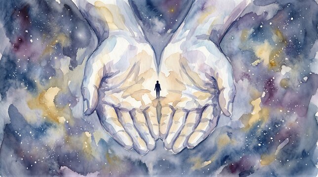 God hands holding man against cosmic galaxy background. Religious illustration of creation of life from book of Genesis. Spiritual concept of divine protection and faith in Christianity.