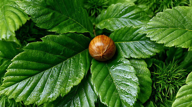 A chestnut tree nestled comfortably among the bright green foliage.
