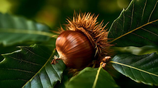 A single, glossy brown chestnut tree nestled among bright green leaves.