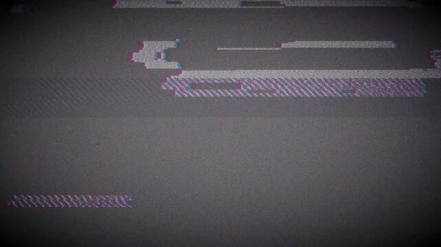 Dark digital TV static noise glitch effect overlay with monochrome distorted signal lines and chromatic aberration 4k video