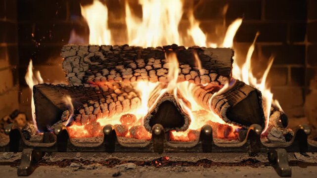 Bright fire burning in a brick fireplace. Glowing wooden logs in a home hearth. Cozy atmosphere for winter holiday, relaxing evening and home interior heating.