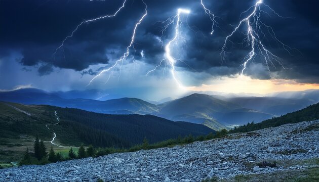 electric stormy night with lightning over mountains