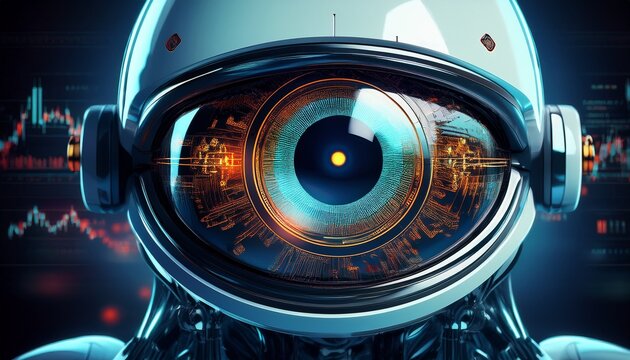 robotic eye reflecting fluctuating crypto and stock prices in real time surveillance robot tracking market shifts