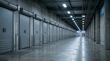 Naklejka premium Dock corridor lined with numbered bay doors receding into soft evening focus wide environmental shot - Office Interior Stock Photo