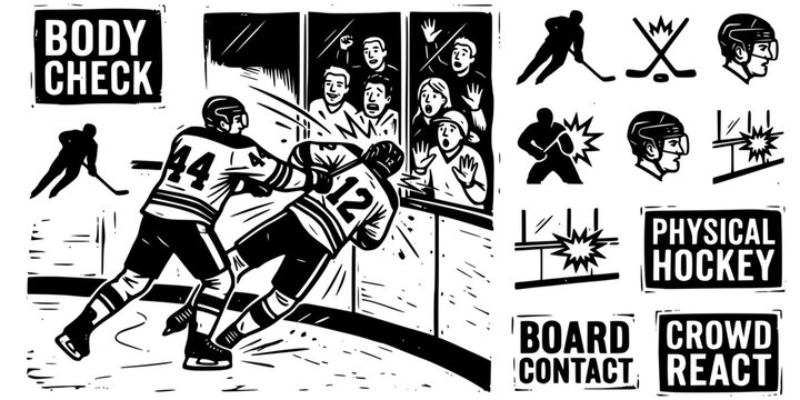 Ice Hockey Body Check Linocut Black White-Board Contact Collision Crowd React-Physical Hockey Vector-Check Icon Linocut-Hockey Design Set