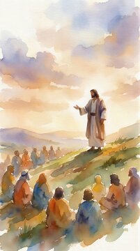 Jesus preaching to crowd on hillside. Biblical scene of man teaching disciples outdoors. Christian religion watercolor illustration representing sermon on the mount for spiritual faith.