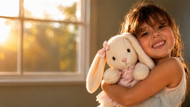Smiling little girl hugging a soft bunny plush toy in warm golden window light with copy space