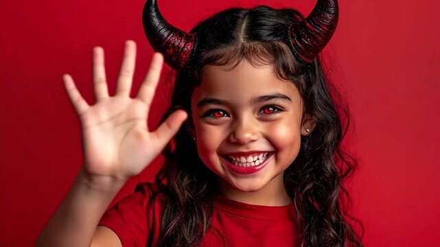 Happy little girl wearing devil horns headband smiling and waving at the camera.