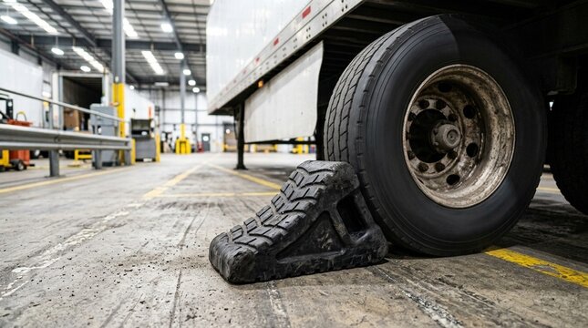 Cross-dock staging lane wheel stop chock resting beside a parked trailer close-up shot - Freight and Warehouse Stock Photo