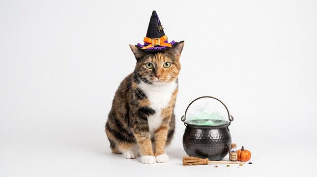 cat halloween witch hat costume feline kitten calico tabby animal domestic cute adorable funny spooky magic cauldron potion broomstick pumpkin holiday celebration october fall