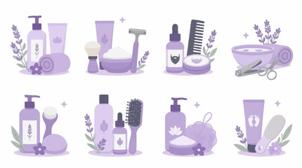 Purple grooming and personal hygiene product icon set.