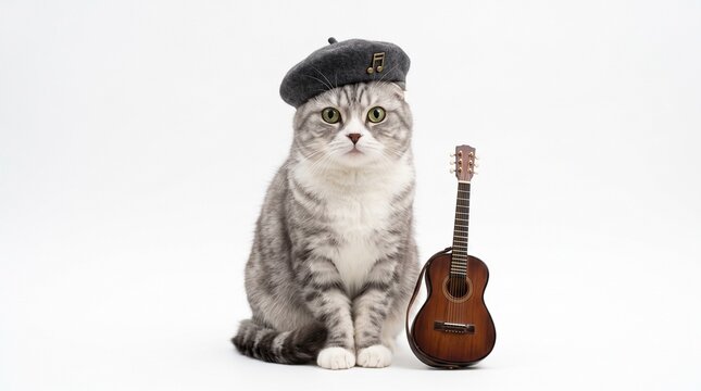 cat guitar music musician beret funny cute animal feline kitten grey tabby instrument acoustic french artist adorable humor quirky sweet grey cat striped cat cute cat funny cat