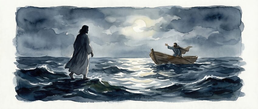 Jesus walking on water towards man in boat. Biblical scene of miracle from New Testament. Watercolor illustration depicting faith and divine power in christian religion history. Banner with copy space