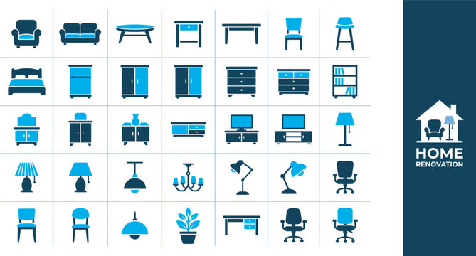 Collection of various modern furniture icons for home interior design and office furnishing projects