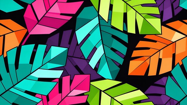 Seamless pattern of stylized colorful tropical leaves in low poly geometric design with seamless tropical geometric colorful