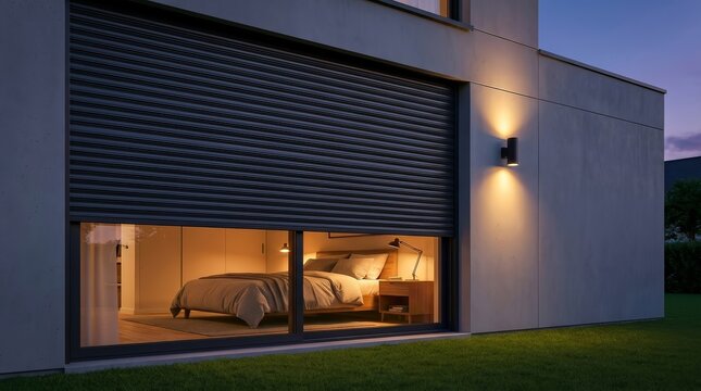 Modern security roller shutters protect a window with a warm bedroom visible inside.